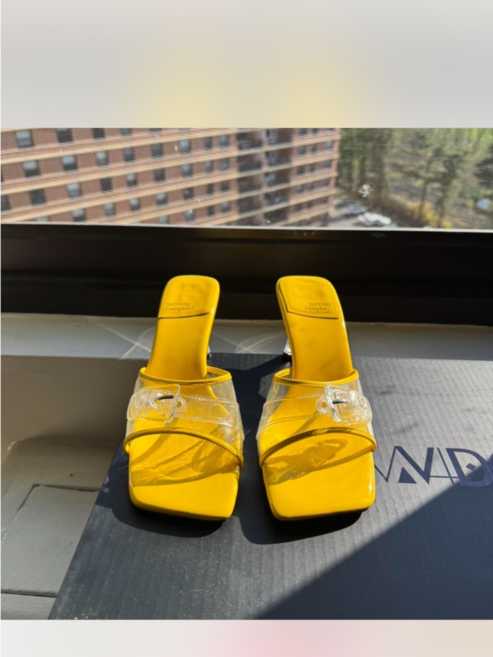 Jeffrey Campbell Yellow Square-Toe Mules with Clear Straps